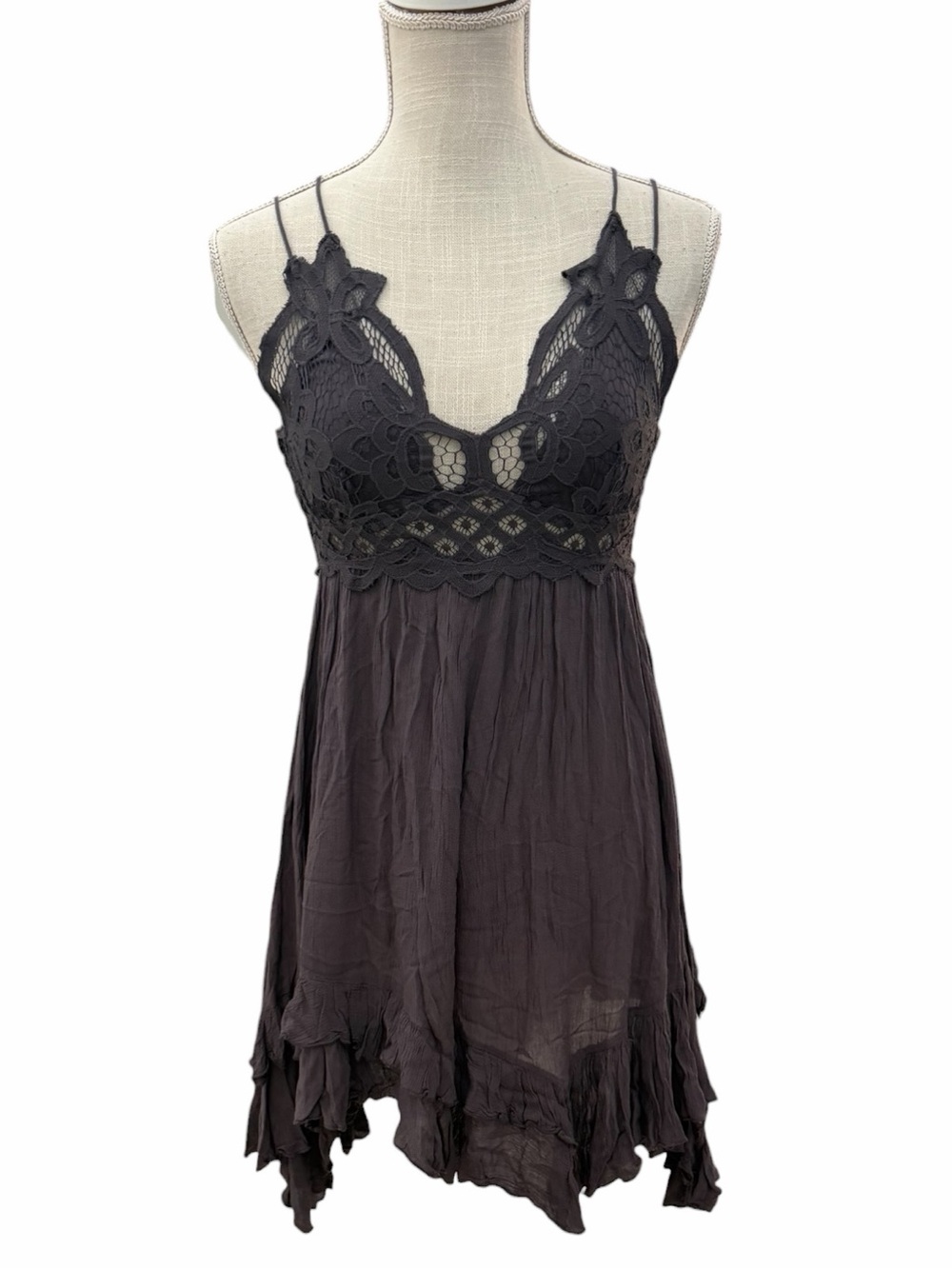 Free People Adella Lace Slip Dress Gray Small Boho Asymmetric Mini - Picture 2 of 12